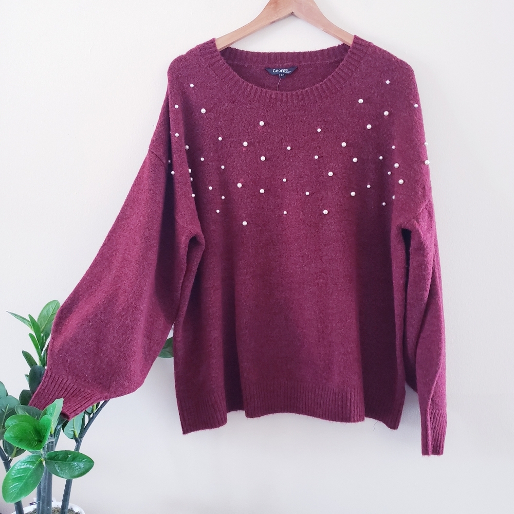 GEORGE BNWT Balloon Sleeve Embellished Crewneck Sweater W/Faux Pearls - 2X